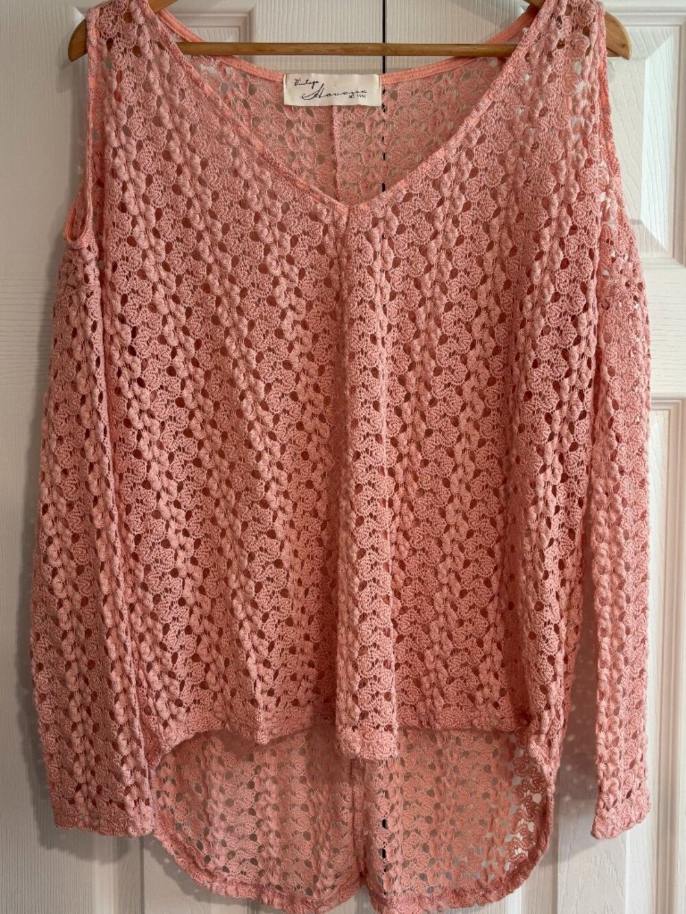 Pink Crochet Cold Shoulder Long Sleeve Top Women's L Vintage Havana EUC